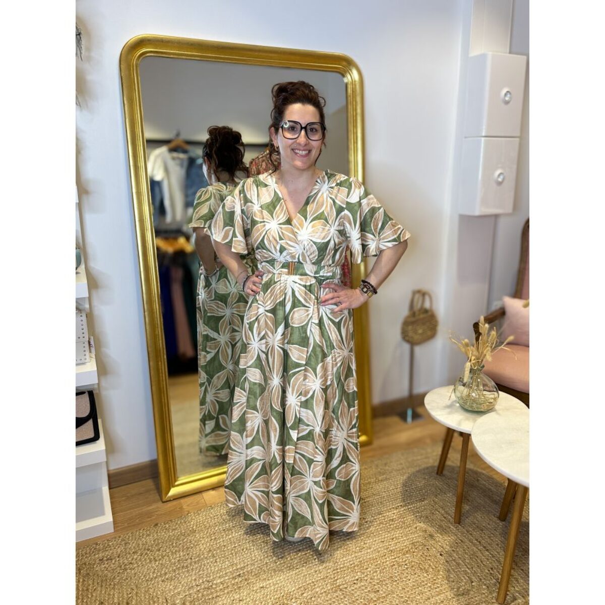 Fabienne - Robe longue verte à motif beige