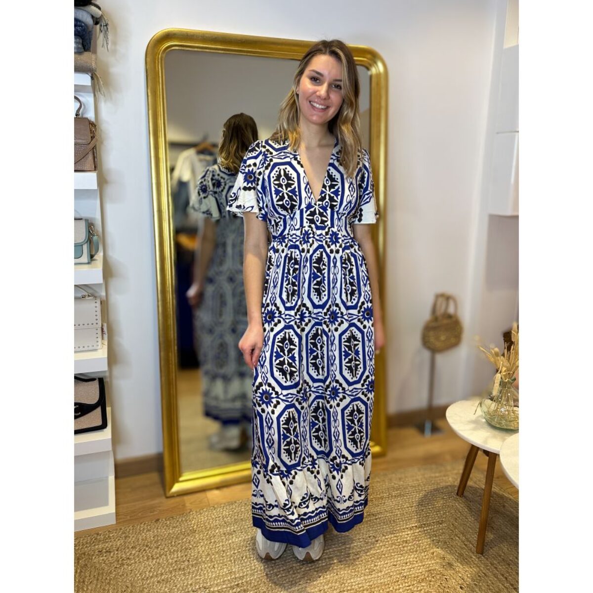 Mireille - Robe longue à motif bleu/marron